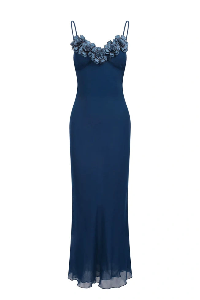Spaghetti Straps Navy Blue Long Party Dress with Flowers
