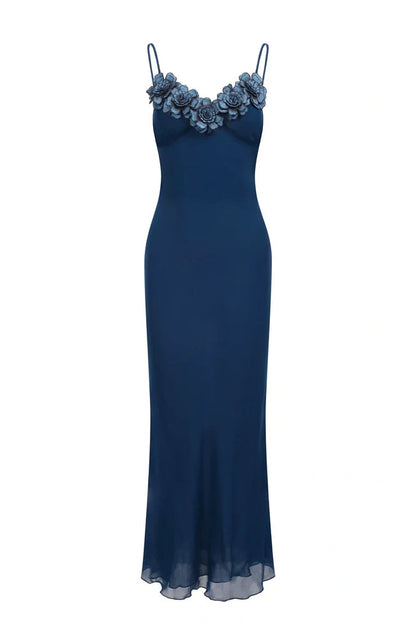 Spaghetti Straps Navy Blue Long Party Dress with Flowers