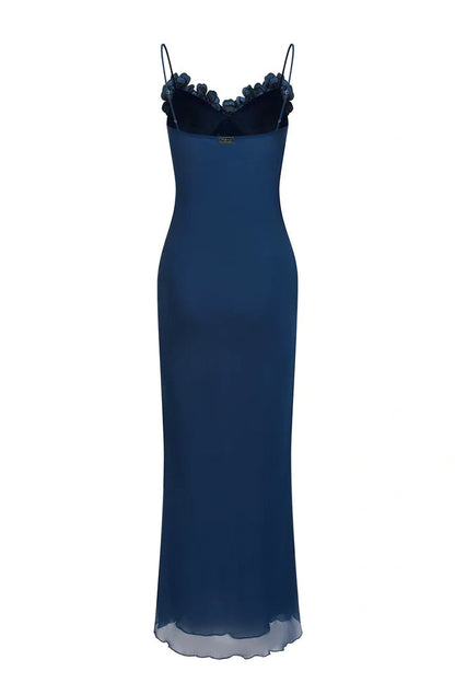 Spaghetti Straps Navy Blue Long Party Dress with Flowers