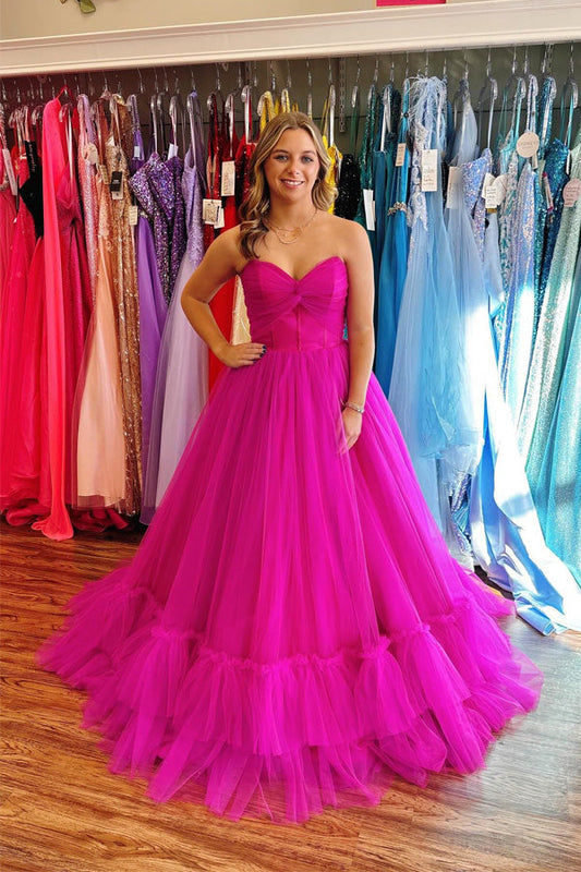 Sweetheart Strapless Ruffle Hot Pink Prom Dress Party Dress