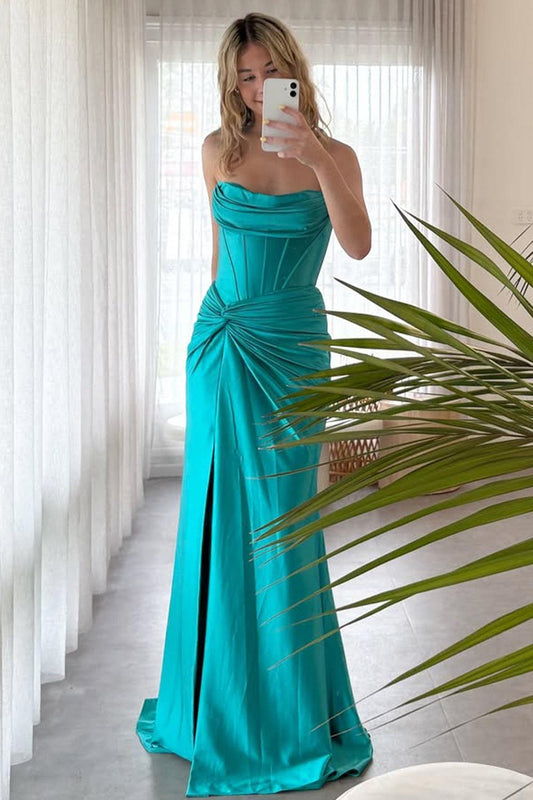 Teal Strapless Satin Evening Dress With Draped Neckline And Slit Skirt Formal Evening Gown