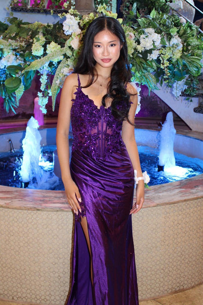 Chic Mermaid Spaghetti Straps Purple Corset Prom Dress with Appliques