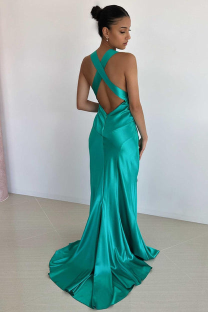 V-Neck Cross Back Yellow Satin Prom Gown With Ruched Detailing Formal Evening Gown