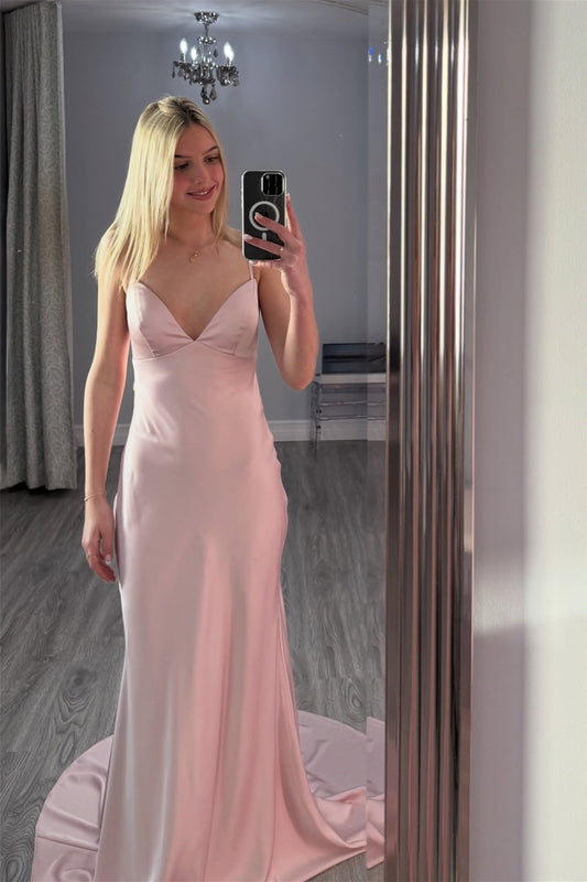 V-neck Light Pink Back Tie Mermaid Long Dress
