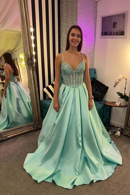 V-neck Sage Green Beaded Pleated A-line Long Dress