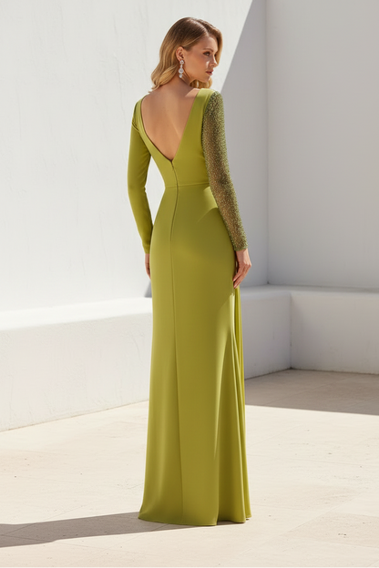 Lace Sequins V-Neck Long Sleeve Mermaid Side Slit Mother of the Bride Dress
