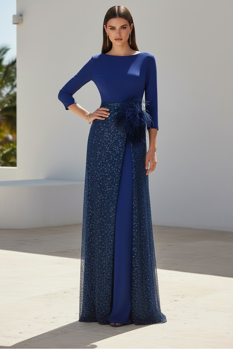 3/4 Sleeve Mermaid Feather Sequins Mother of the Bride Dress