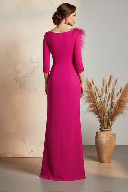 Fuchsia Feather 3/4 Sleeve Mermaid Side Slit Mother of the Bride Dress