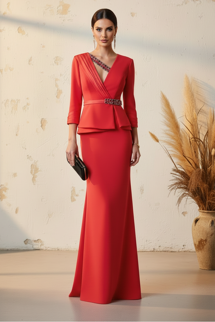 V-Neck 3/4 Sleeve Mermaid Applique Mother of the Bride Dress