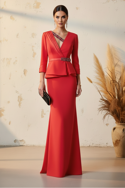 V-Neck 3/4 Sleeve Mermaid Applique Mother of the Bride Dress