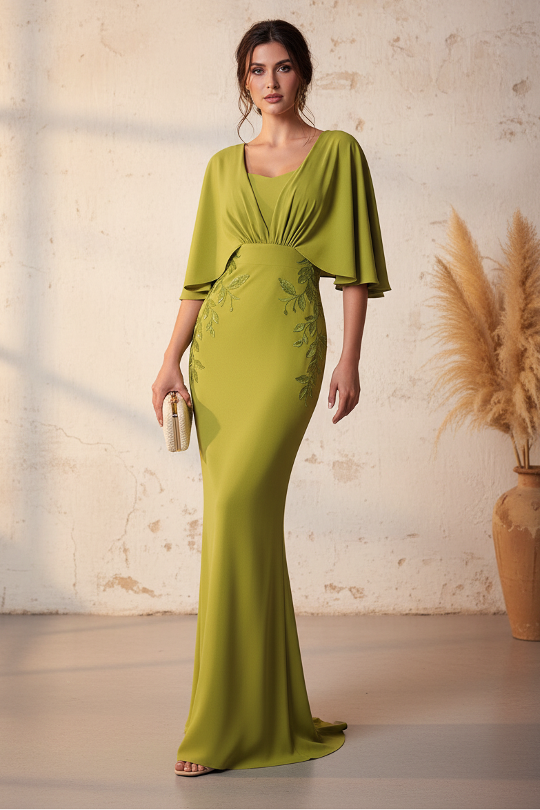 Green V-Neck Shawl Applique Mermaid Mother of the Bride Dress