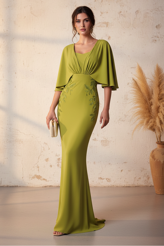 Green V-Neck Shawl Applique Mermaid Mother of the Bride Dress