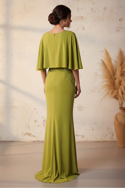 Green V-Neck Shawl Applique Mermaid Mother of the Bride Dress