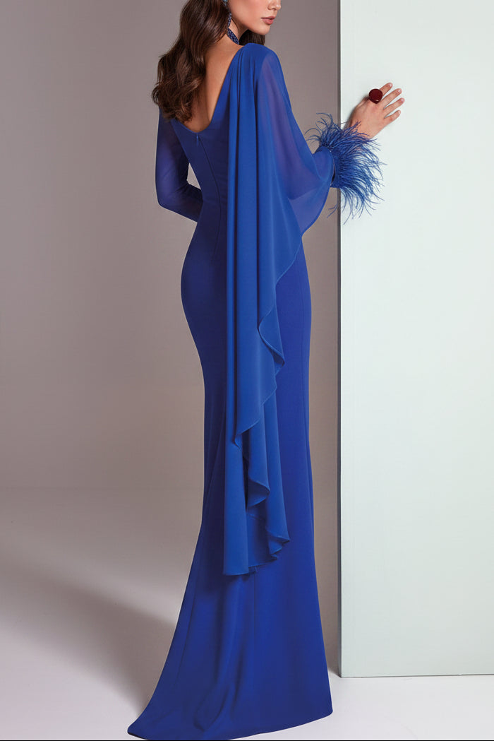 Shwal One Shoulder Long Sleeve Feather Mermaid Mother of the Bride Dress