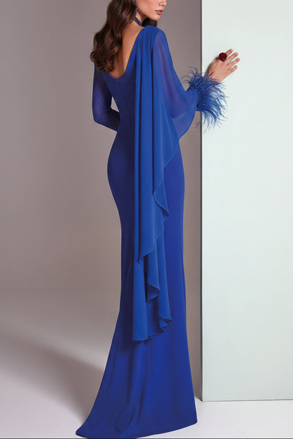 Shwal One Shoulder Long Sleeve Feather Mermaid Mother of the Bride Dress