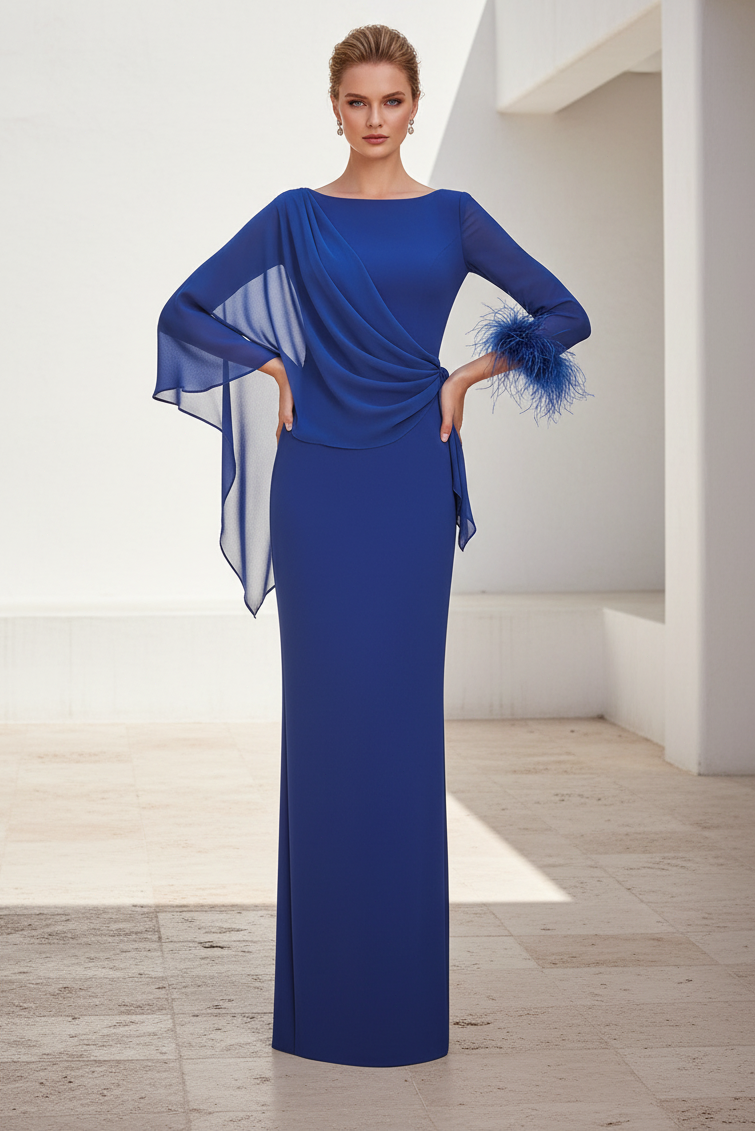 Shwal One Shoulder Long Sleeve Feather Mermaid Mother of the Bride Dress