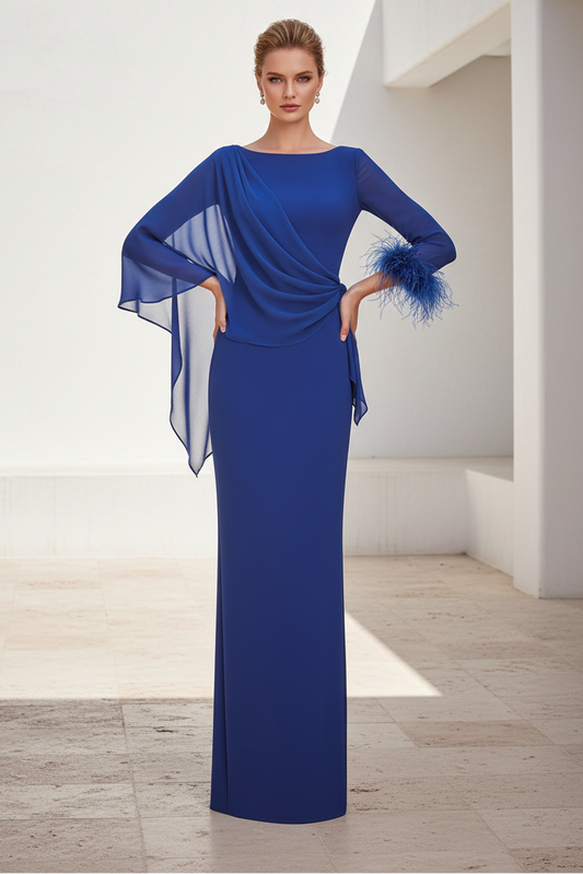 Shwal One Shoulder Long Sleeve Feather Mermaid Mother of the Bride Dress