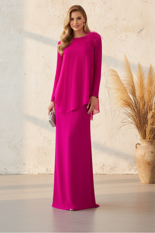 2 Piece Long Sleeve Feather Mermaid Mother of the Bride Dress