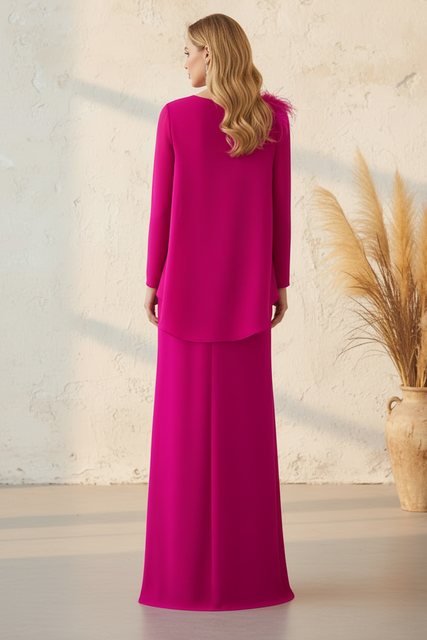 2 Piece Long Sleeve Feather Mermaid Mother of the Bride Dress