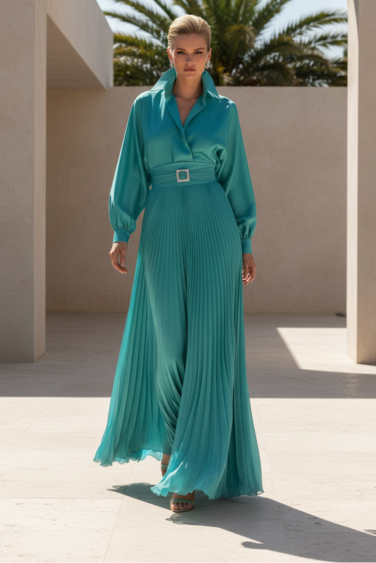 V-Neck Belt Long Sleeve A-Line Mother of the Bride Dress