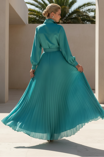 V-Neck Belt Long Sleeve A-Line Mother of the Bride Dress