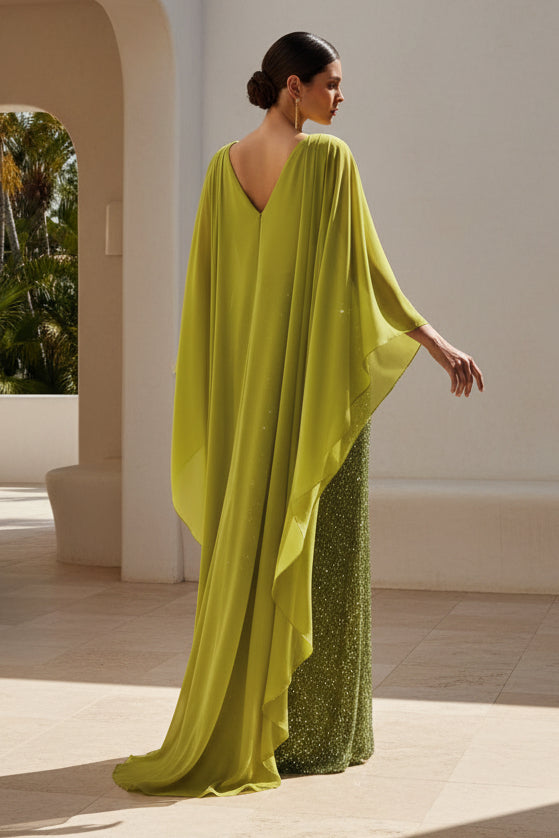 V-Neck Shawl Sleeveless Beaded Sparkle Mermaid Evening Dress