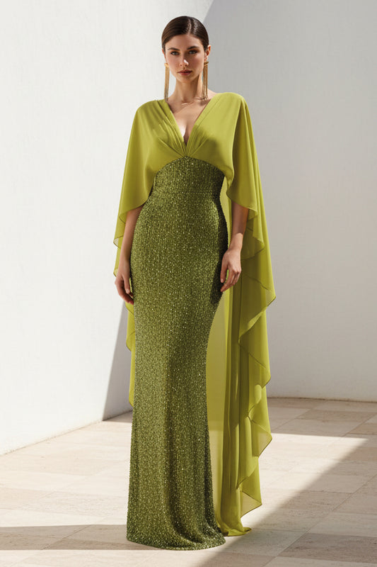 V-Neck Shawl Sleeveless Beaded Sparkle Mermaid Evening Dress
