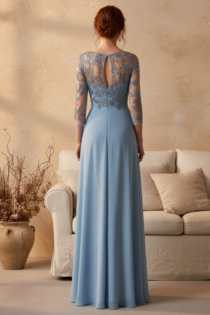 Applique Lace 3/4 Sleeve Mermaid Evening Dressa