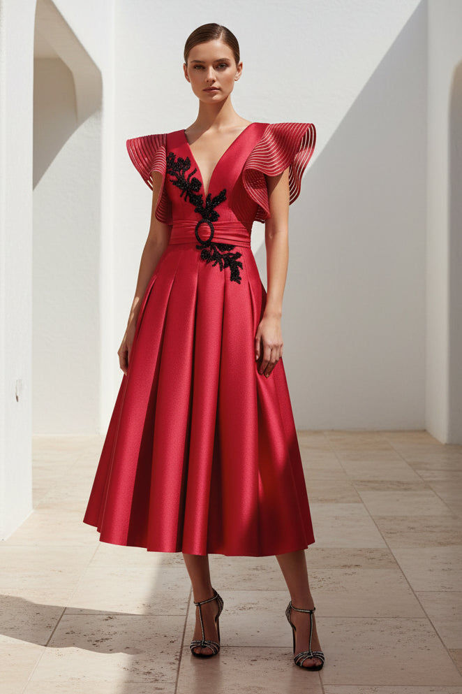 Applique V-Neck A-Line Belt Tea-Length Evening Dress