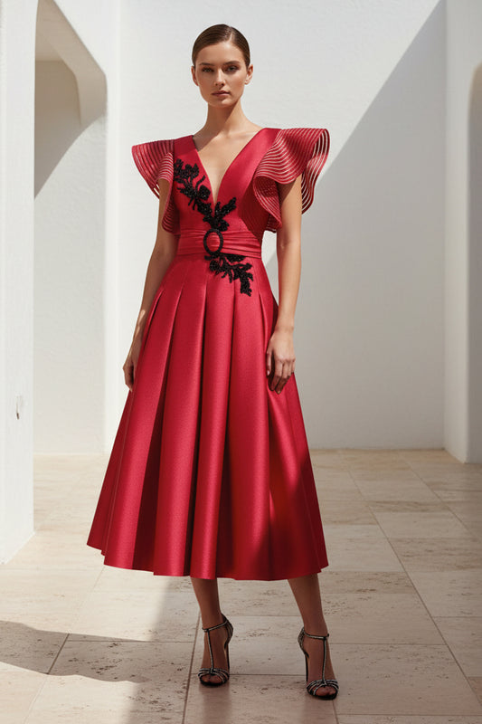 Applique V-Neck A-Line Belt Tea-Length Evening Dress