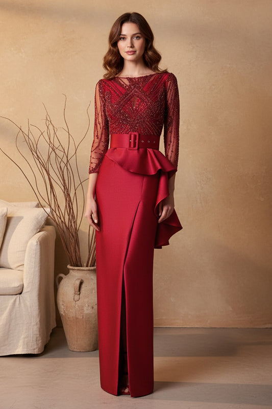 Lace Beaded 3/4 Sleeve Ruffles Mermaid Side Slit Evening Dress