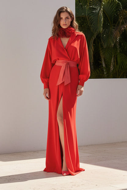 V-Neck Long Sleeve Mermaid Side Slit Evening Dress