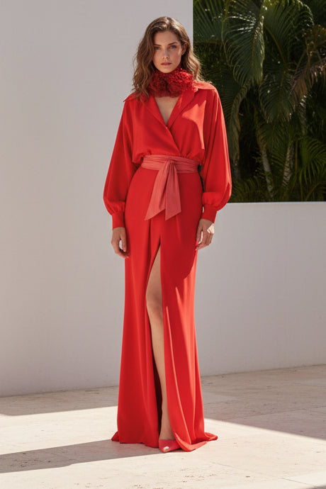 V-Neck Long Sleeve Mermaid Side Slit Evening Dress