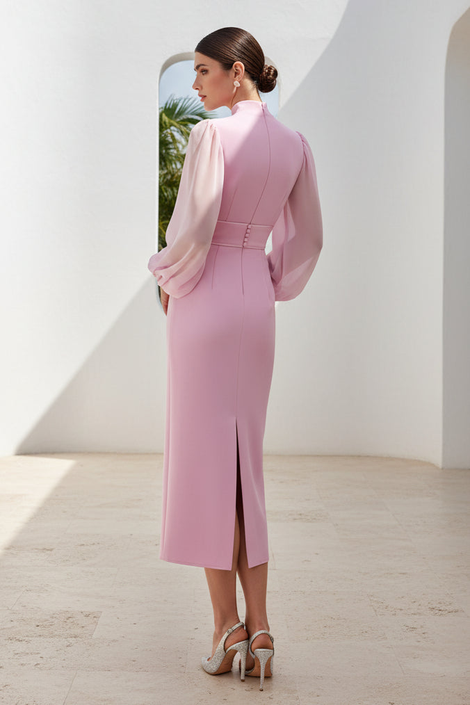 Pink Long Sleeve Mermaid Tea-Length Ankle-Length Evening Dress