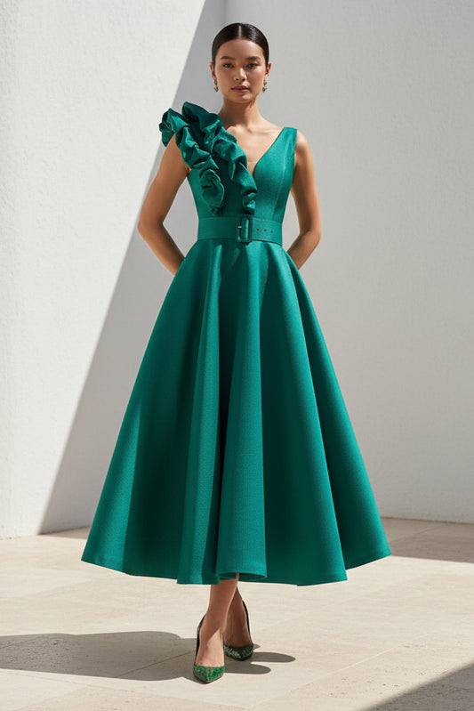 V-Neck Ruffles Sleeveless A-Line Mermaid Evening Dress
