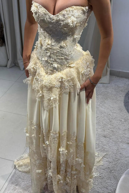 Gorgeous A Line Sweetheart Light Yellow Lace Evening Dress with Structured Bodice