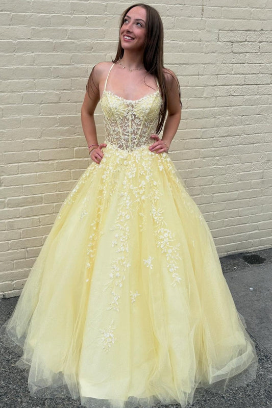 A-Line Strapless Halter Sleeveless Pleated Appliques Yellow Tulle Prom Dress