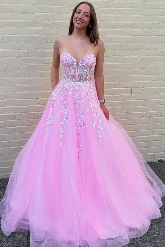 A-Line Strapless Sleeveless Pleated Sequins Appliques Pink Tulle Prom Dress