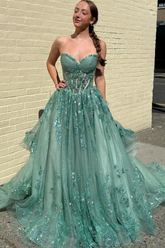 A-Line Strapless Sleeveless Pleated Appliques Tiered Green Prom Dress