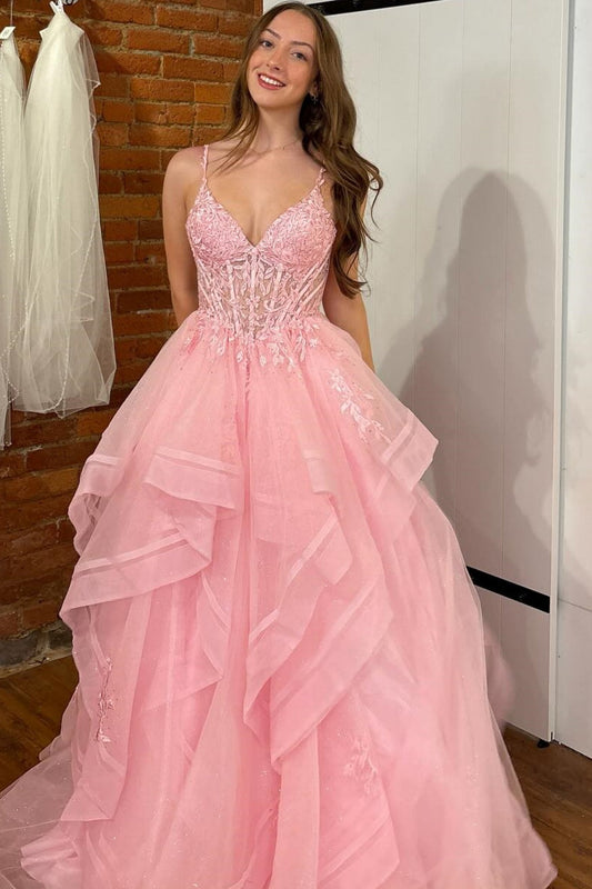 A-Line V Neck Spaghetti Straps Sleeveless Pleated Ruffles Appliques Prom Dress