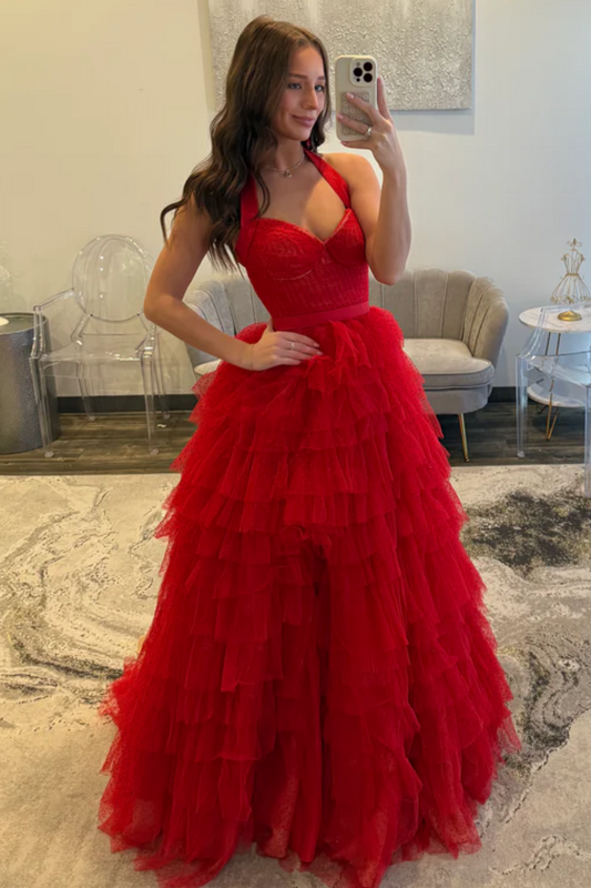 A-Line Halter Strapless Ruffles Tiered High Side Slit and Train Prom Dress