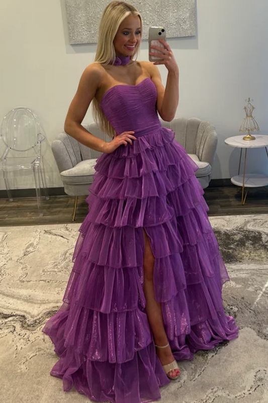 A-Line Strapless Ruffles Tiered High Side Slit and Train Prom Dress