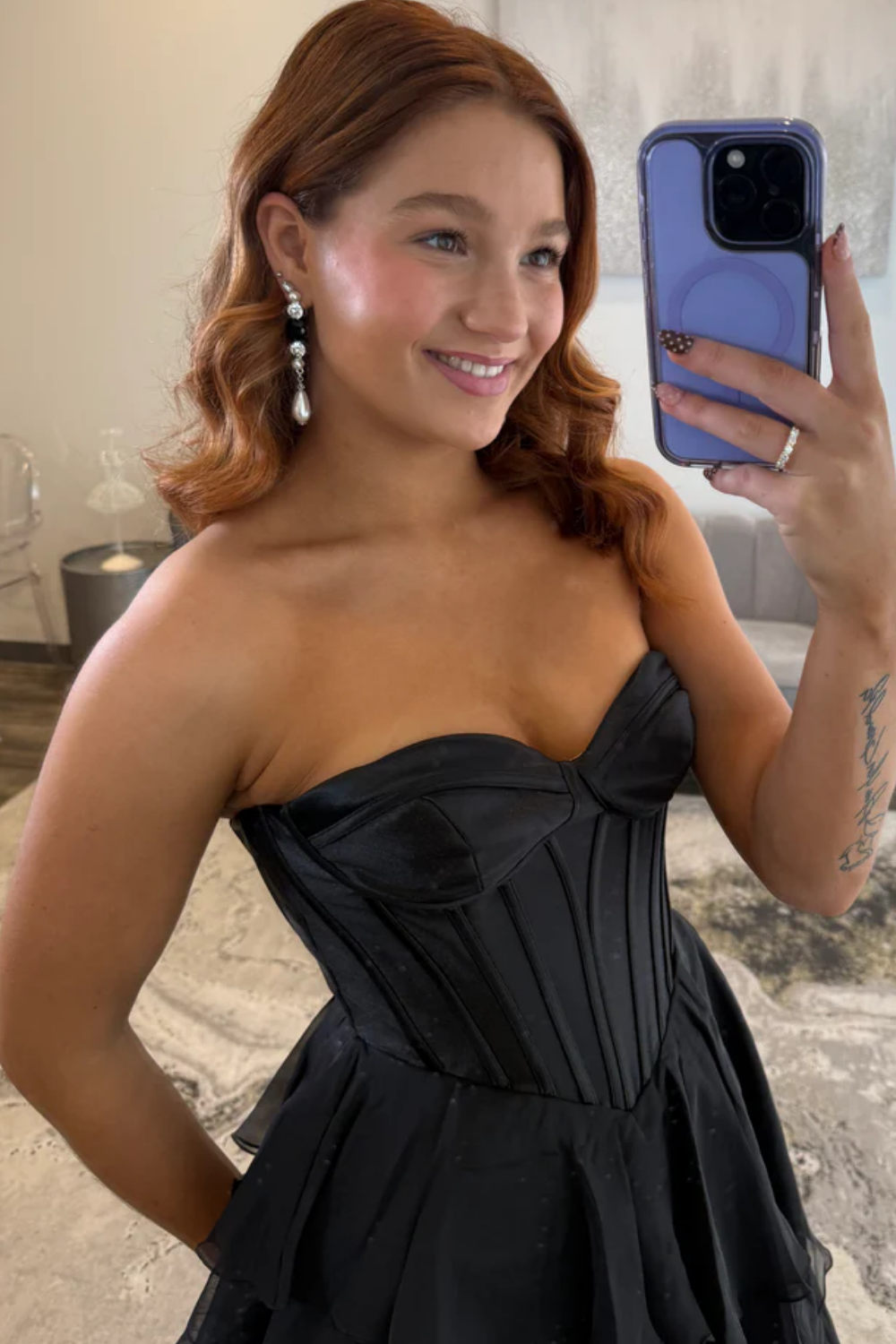 A-Line Strapless Ruffles Tiered High Side Slit and Train Prom Dress