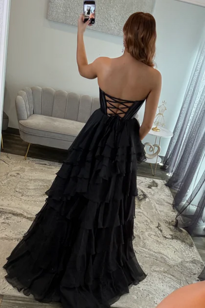 A-Line Strapless Ruffles Tiered High Side Slit and Train Prom Dress