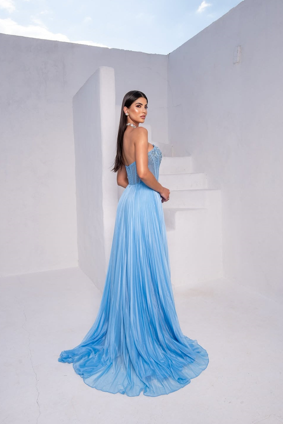 Elegant Blue Strapless Sleeveless Prom Dresses Long A-Line Gem With Zipper