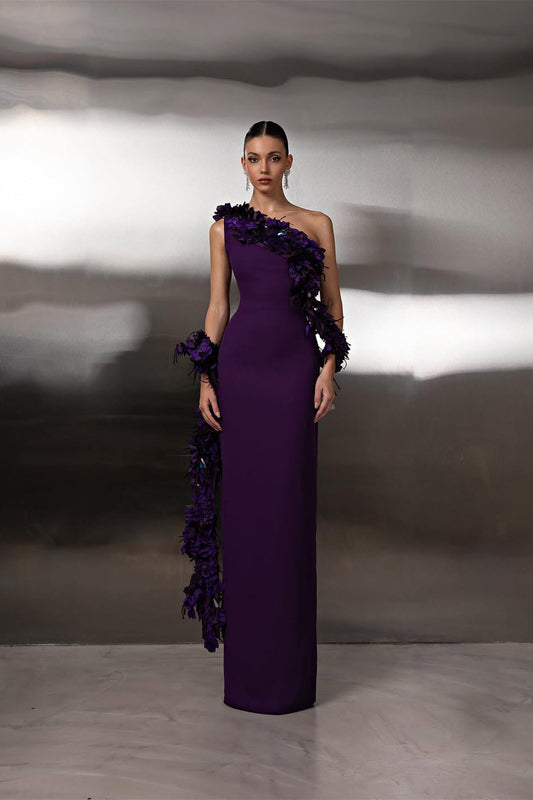 Charming Purple One Shoulder Sleeveless Satin Prom Dress Sheath Long With Flower