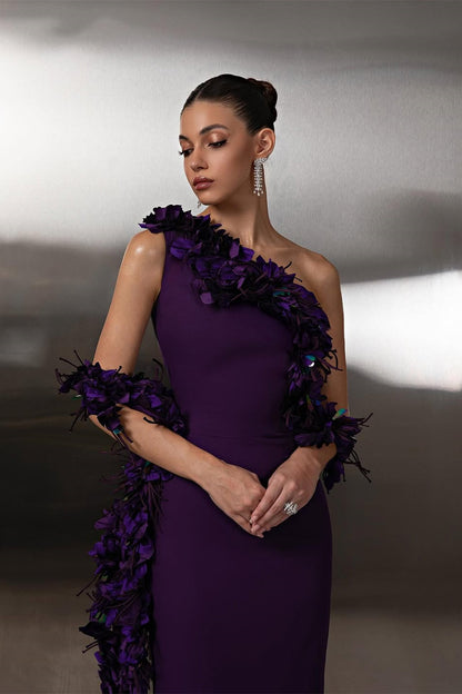 Charming Purple One Shoulder Sleeveless Satin Prom Dress Sheath Long With Flower