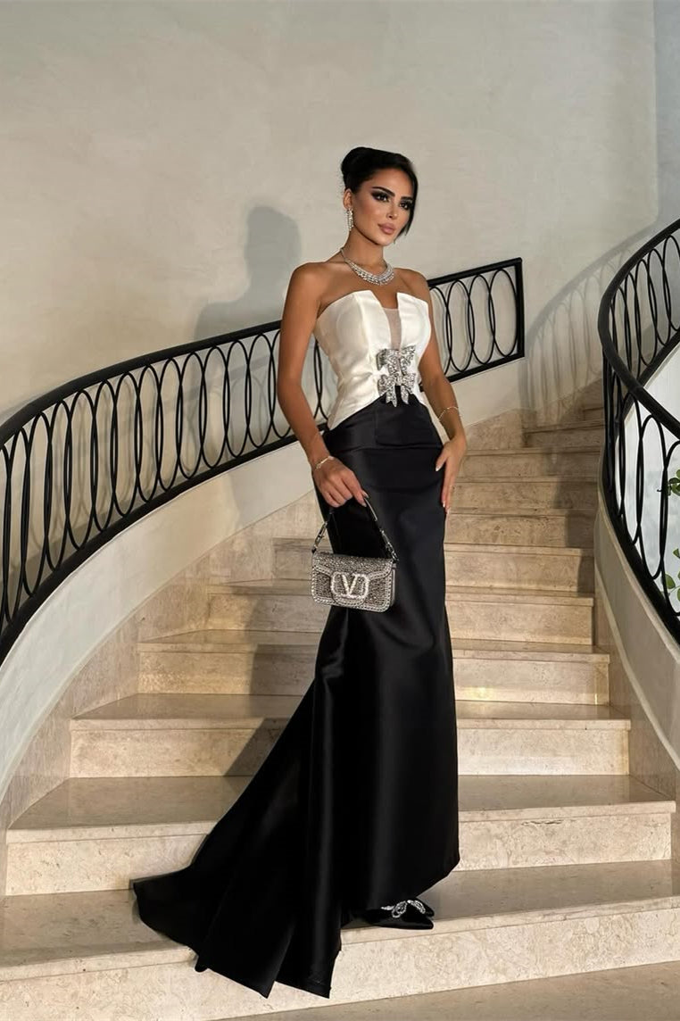 Glamorous White Black Satin Strapless Sleeveless Prom Dress Mermaid With Bow Knot
