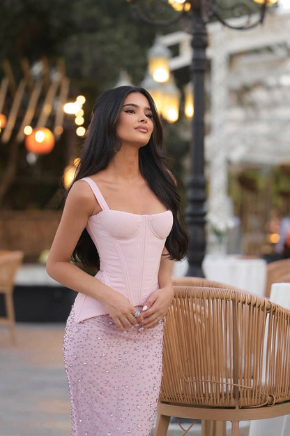 Charming Pink Straps Sleeveless Prom Dresses Sheath Gem Two-Piece Set On Sale