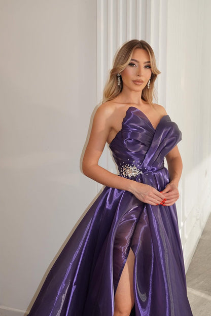 Classy Regency Asymmetrical One Shoulder Sleeveless Organza Prom Dress A-Line High Split With Pleats